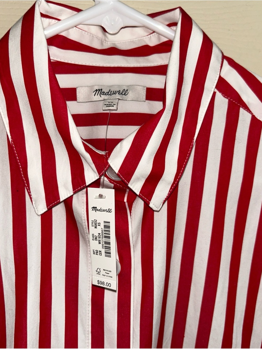 NWT Madewell Straight-Hem Shirt in Cotton Poplin Red Stripe XS - Picture 5 of 8